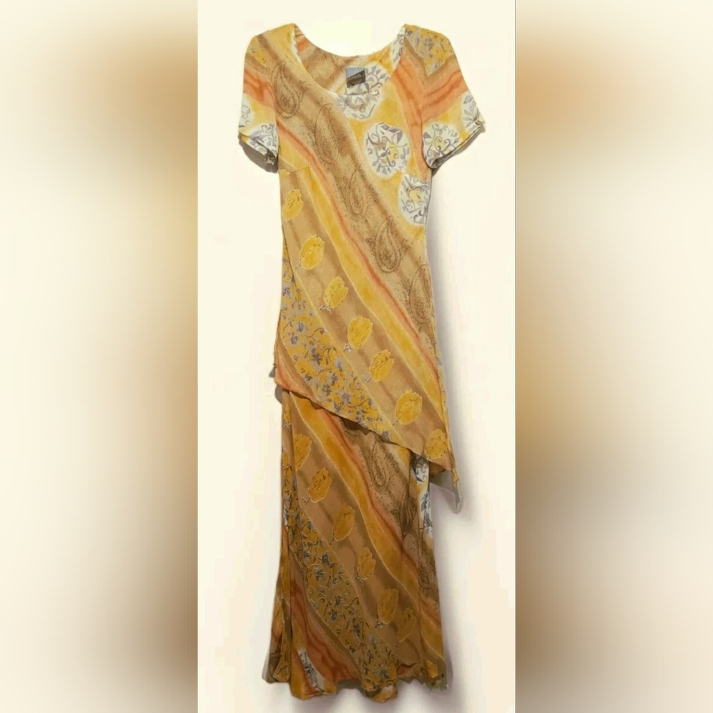 Vtg rabbit rabbit rabbit Designs Womens Size 6 Dress Brown Gold Chiffon Maxi